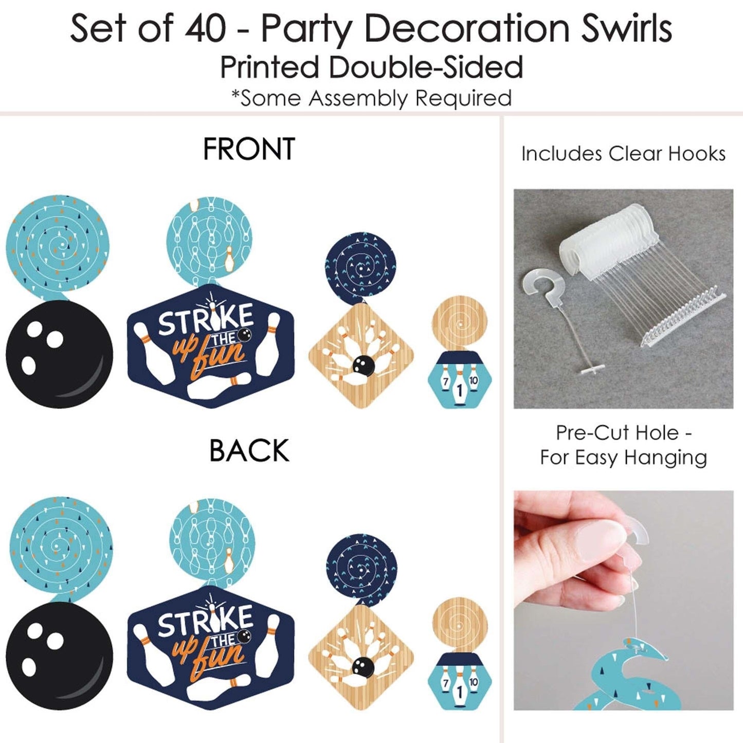 Strike Up the Fun - Bowling - Birthday Party or Baby Shower Hanging Decor - Party Decoration Swirls - Set of 40