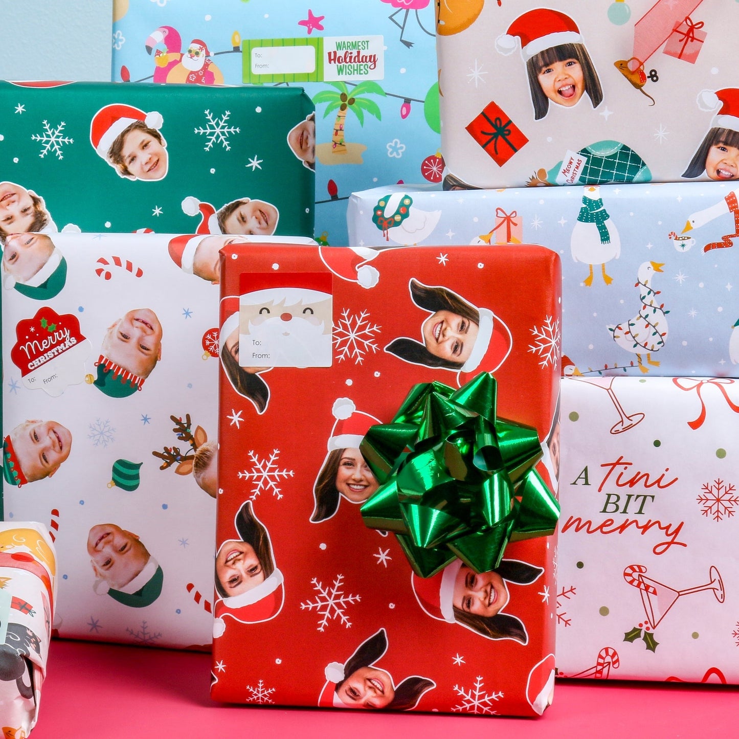 Custom Face Wrapping Paper - Santa Claus on Red