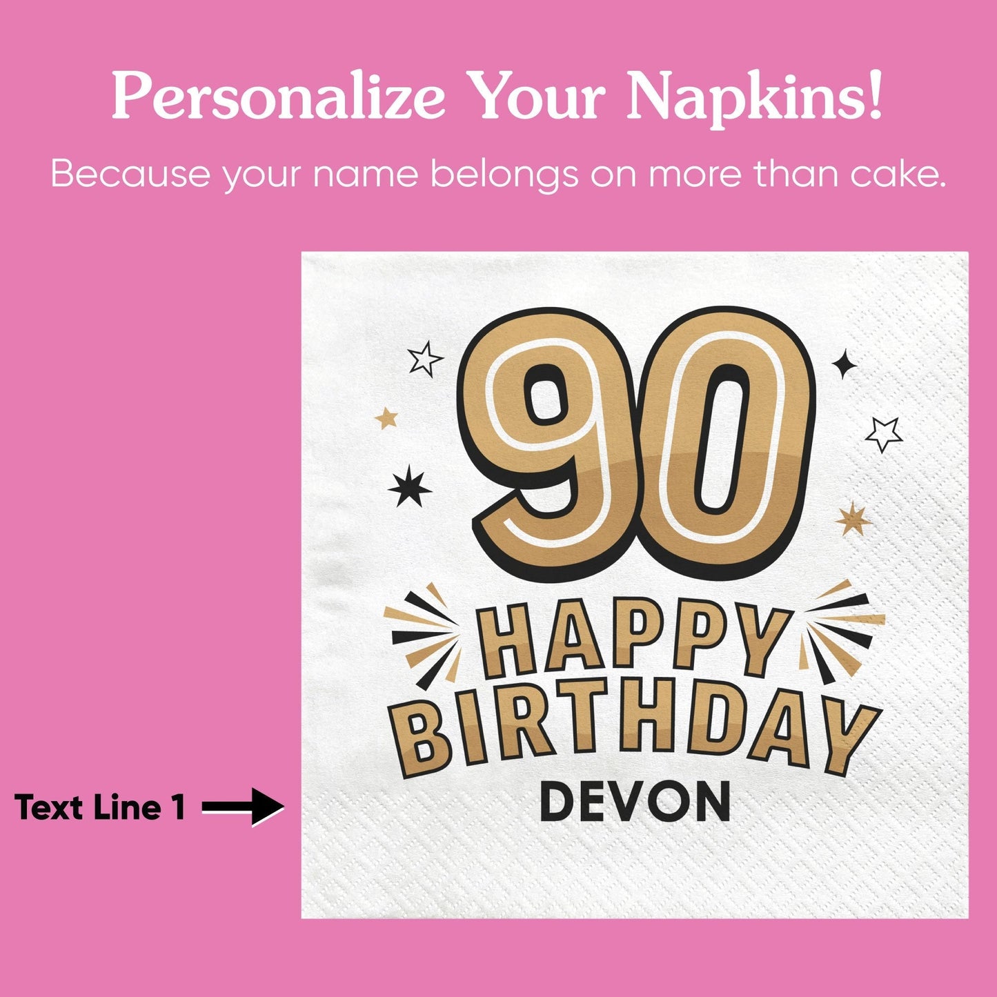 Custom Text Napkins - Black & Gold 90th Birthday