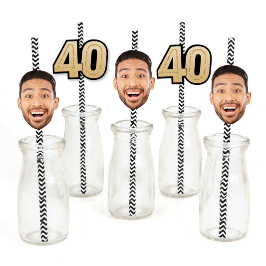 Custom 40th Birthday Face Cutout Straw Decor - 24 Ct