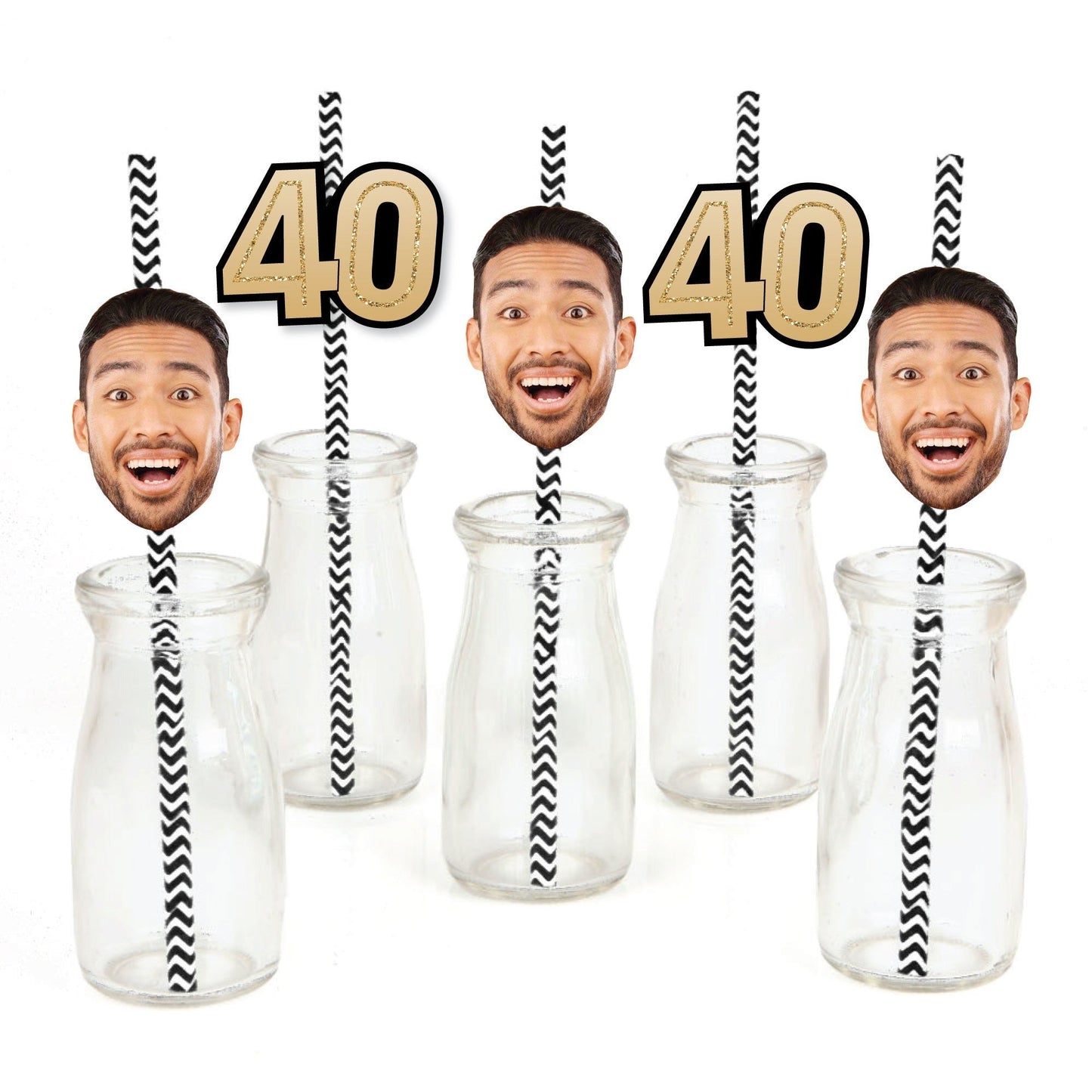 Custom 40th Birthday Face Cutout Straw Decor - 24 Ct