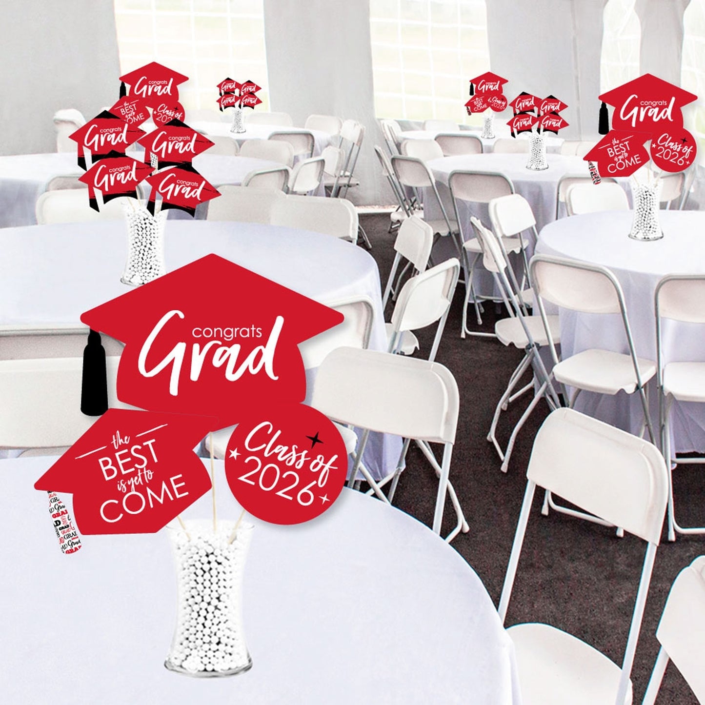 Red Grad - Best is Yet to Come - 2026 Red Graduation Party Centerpiece Sticks - Showstopper Table Toppers - 35 Pieces