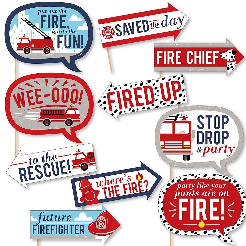 Funny Fired Up Fire Truck - 10 Piece Firefighter Firetruck Baby Shower or Birthday Party Photo Booth Props Kit