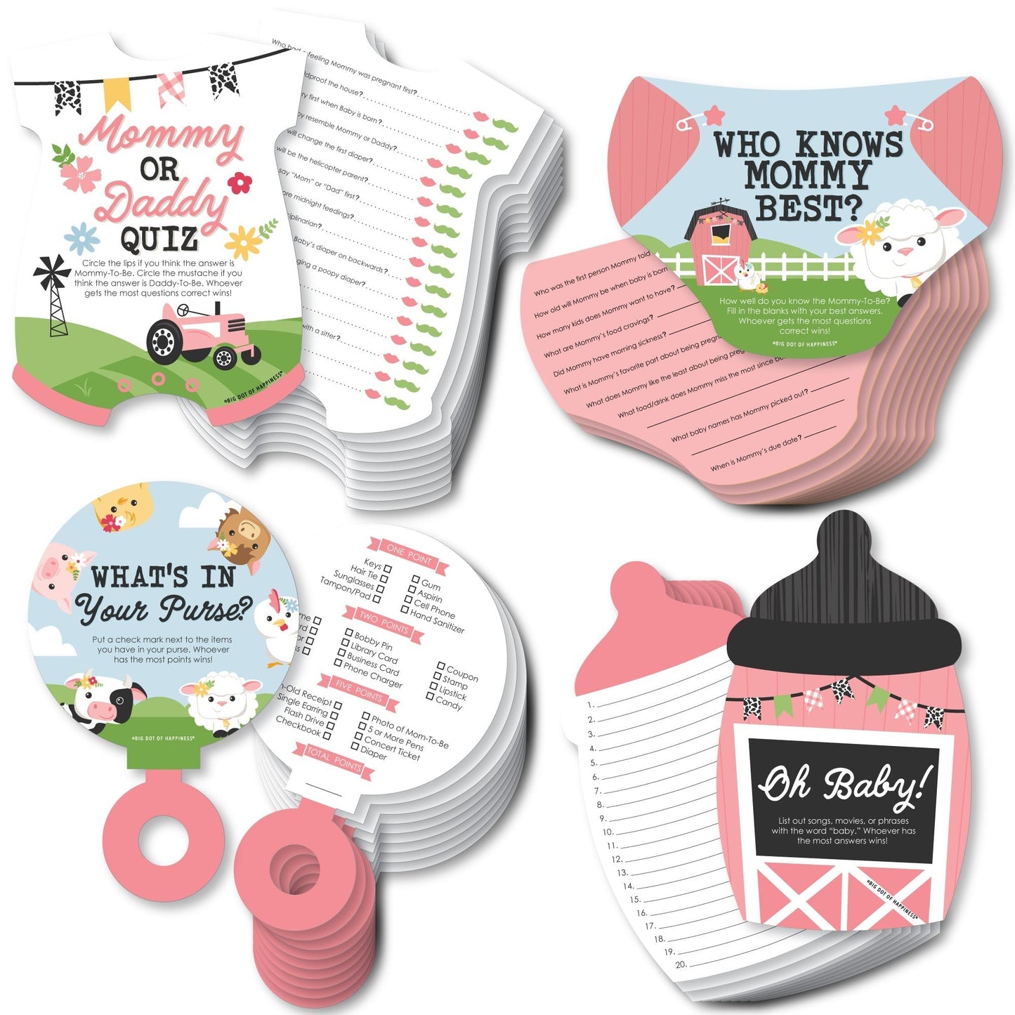 Girl Farm Animals - 4 Pink Barnyard Baby Shower Games - 10 Cards Each - Who Knows Mommy Best, Mommy or Daddy Quiz, What’s in Your Purse and Oh Baby - Gamerific Bundle