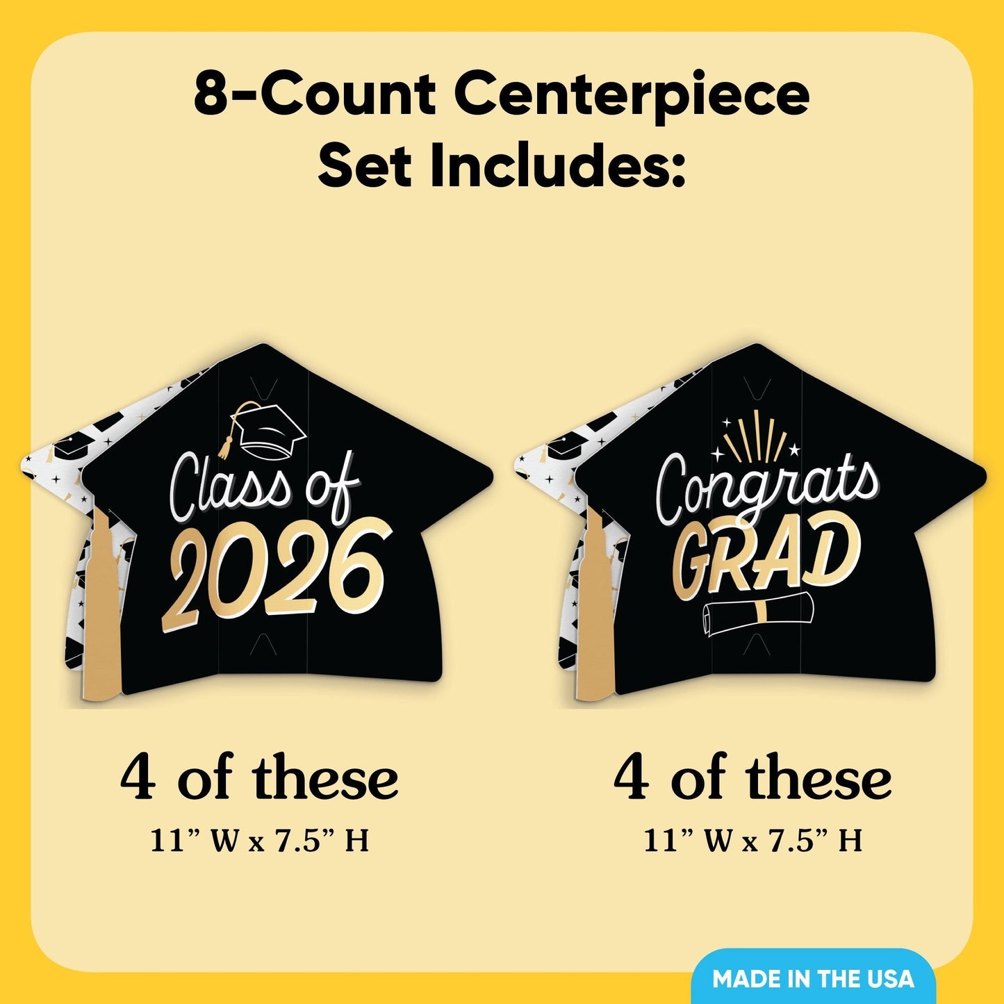 Black & Gold Graduation 3D Centerpieces - 8 Ct