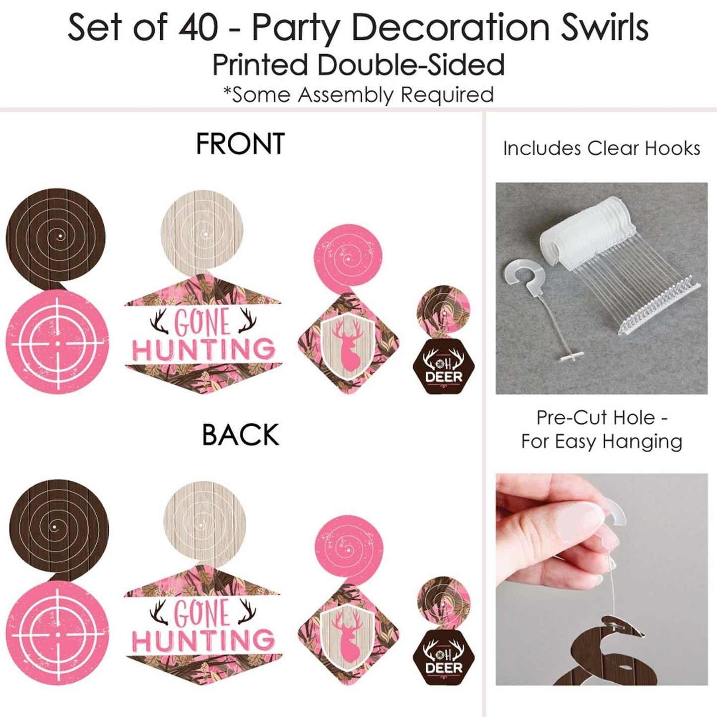 Pink Gone Hunting - Deer Hunting Girl Camo Baby Shower or Birthday Party Hanging Decor - Party Decoration Swirls - Set of 40