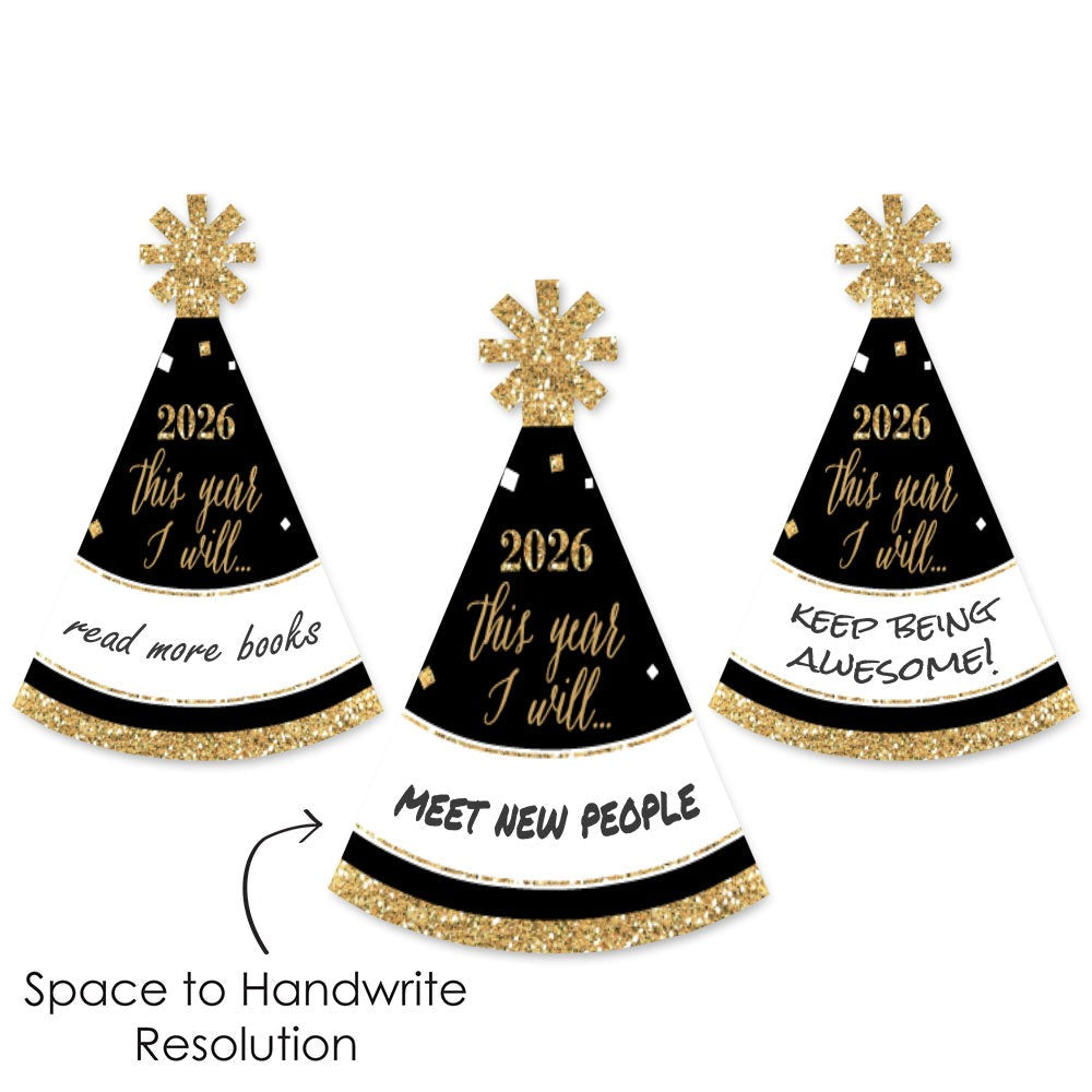 New Year's Eve - Gold - Mini Cone 2026 New Year's Eve Resolution Party Hats - Small Little Party Hats - Set of 8