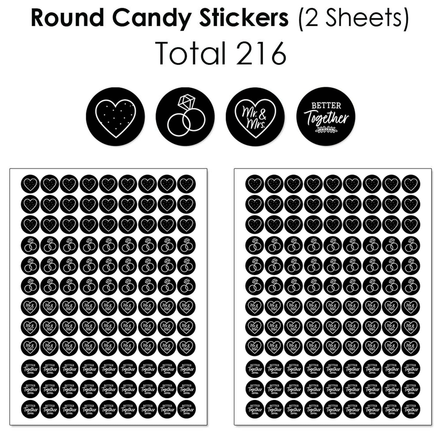 Mr. and Mrs. - Mini Candy Bar Wrappers, Round Candy Stickers and Circle Stickers - Black and White Wedding or Bridal Shower Candy Favor Sticker Kit - 304 Pieces