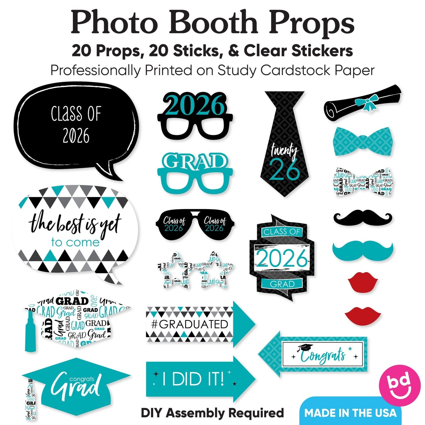 Teal Grad - 2026 Graduation Party Photo Booth Props Kit - 20 Count
