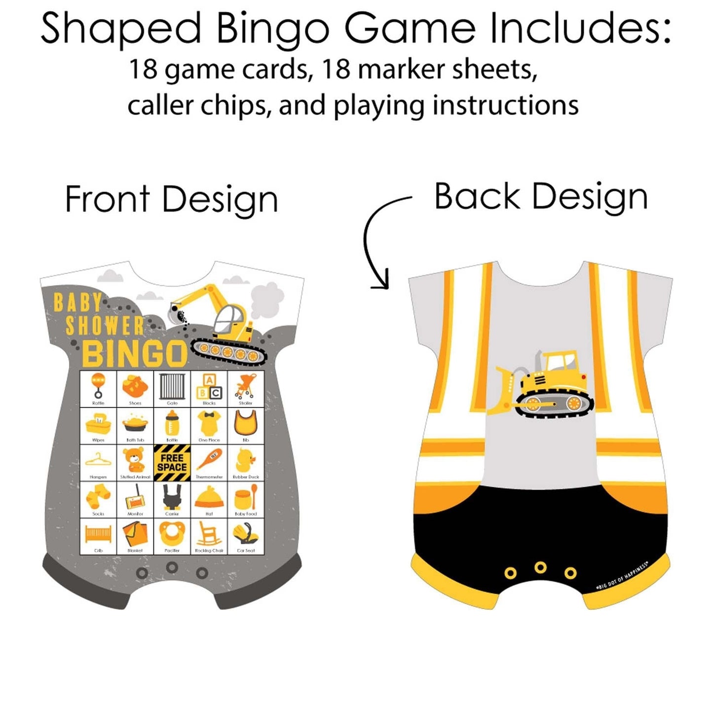 Dig It - Construction Party Zone - Picture Bingo Cards and Markers - Baby Shower Shaped Bingo Game - Set of 18