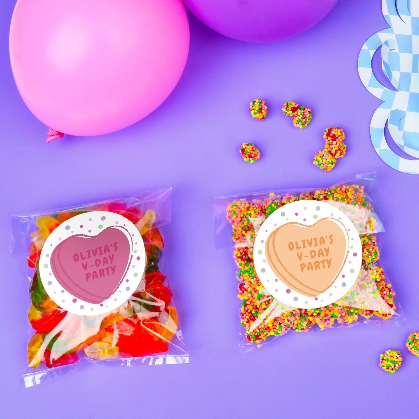 Custom Text Stickers & Clear Cookie Bags - Valentine Hearts