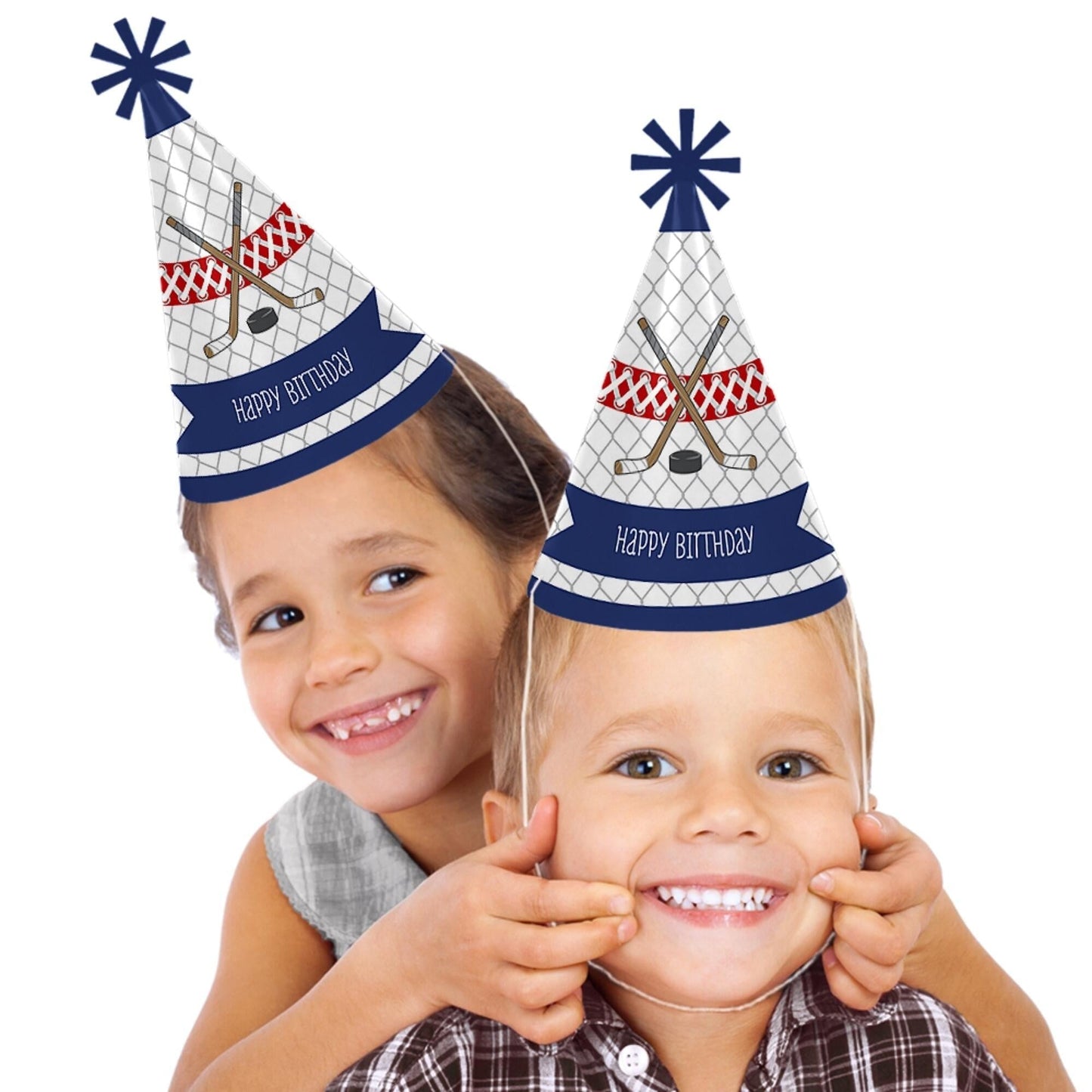 Shoots and Scores - Hockey - Cone Happy Birthday Party Hats for Kids and Adults - Set of 8 (Standard Size)