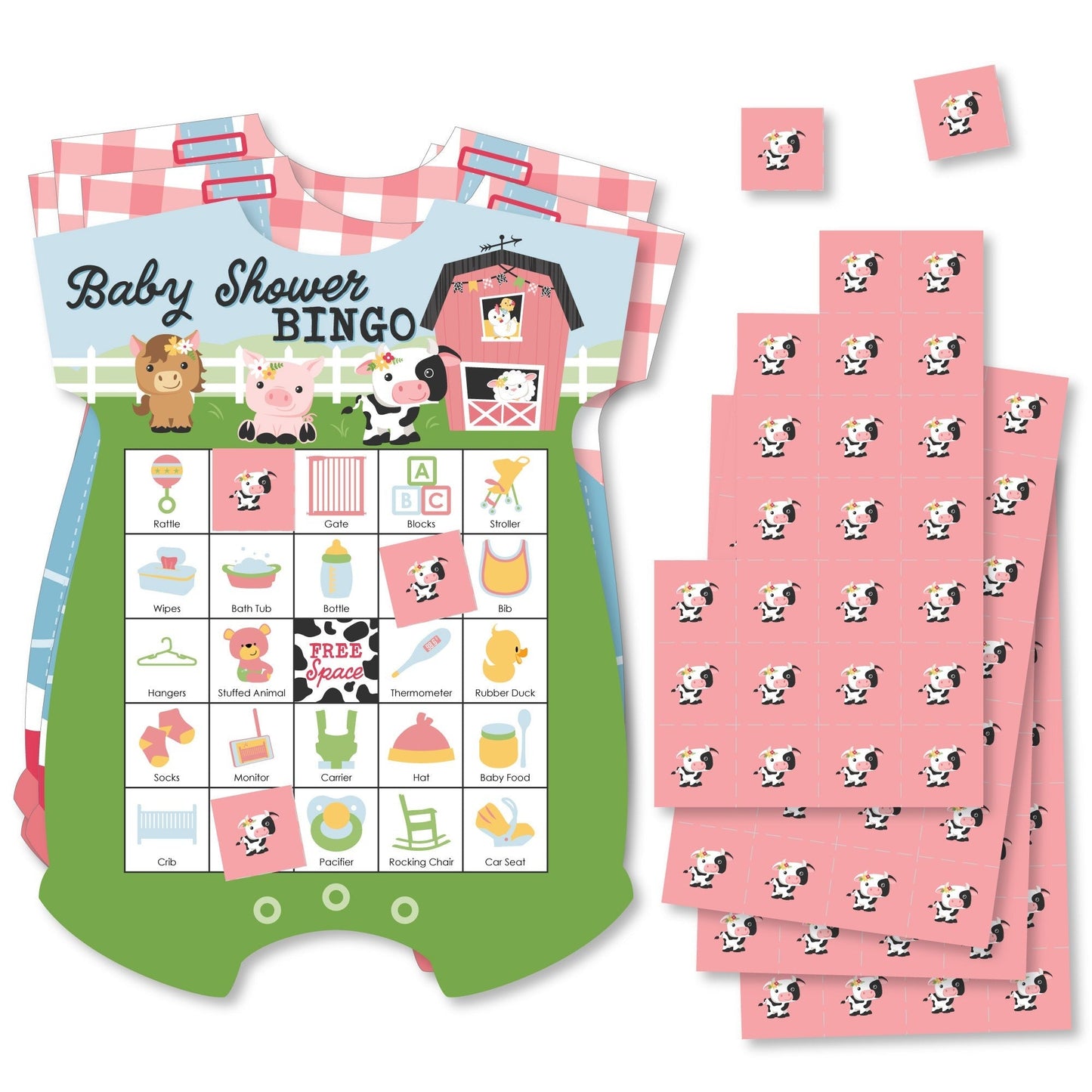 Farm Animals - Picture Bingo Cards and Markers - Barnyard Baby Shower Shaped Bingo Game - Set of 18