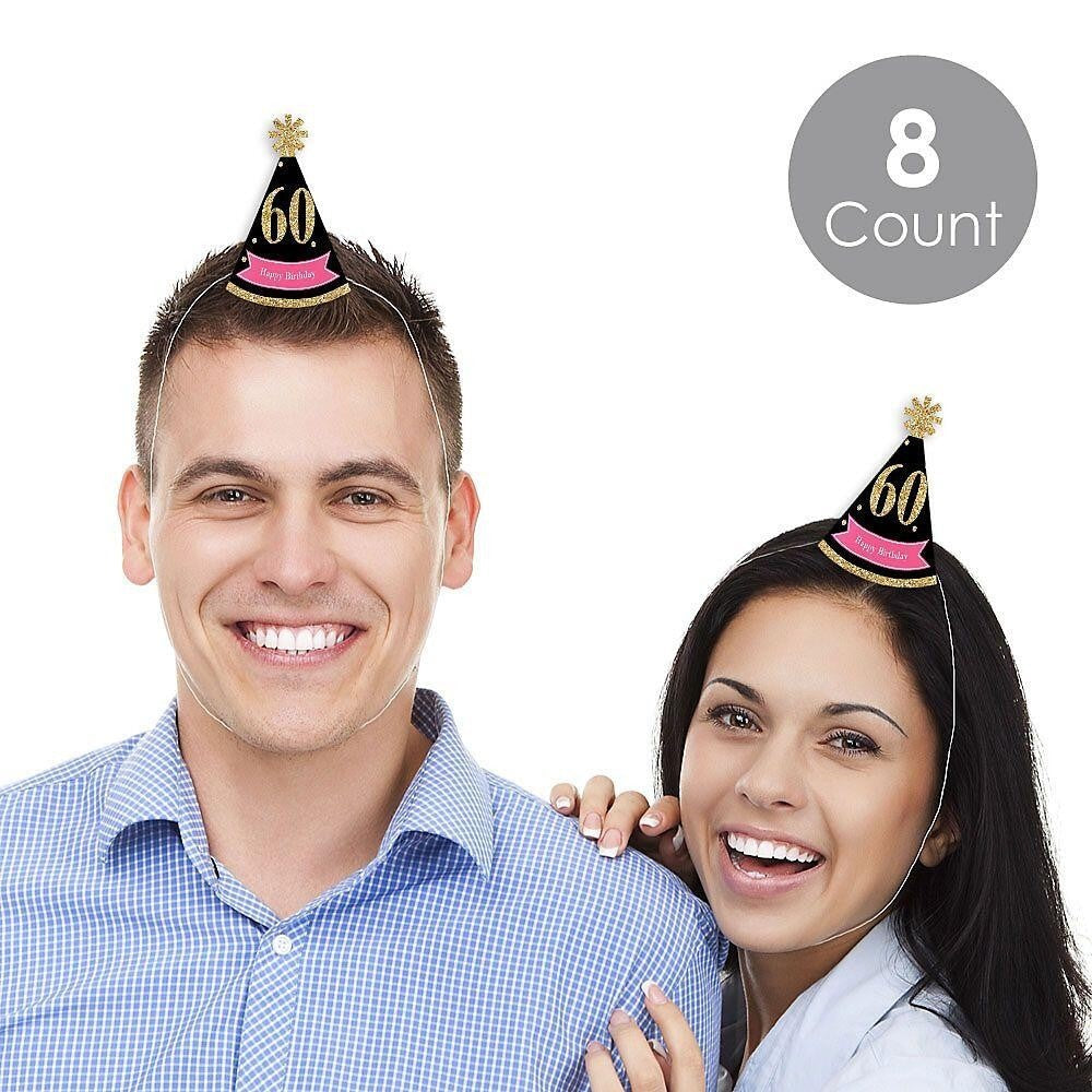 Chic 60th Birthday - Pink, Black and Gold - Mini Cone Birthday Party Hats - Small Little Party Hats - Set of 8