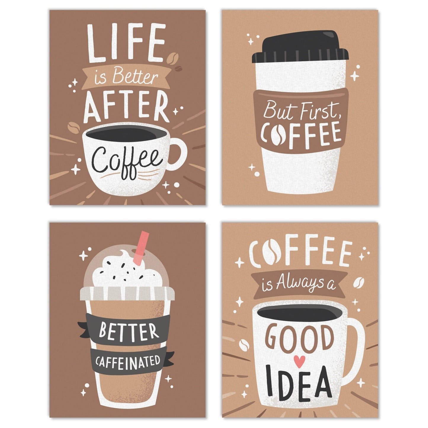 But First, Coffee - Unframed Kitchen Linen Paper Wall Art - Set of 4 - Artisms - 8 x 10 inches