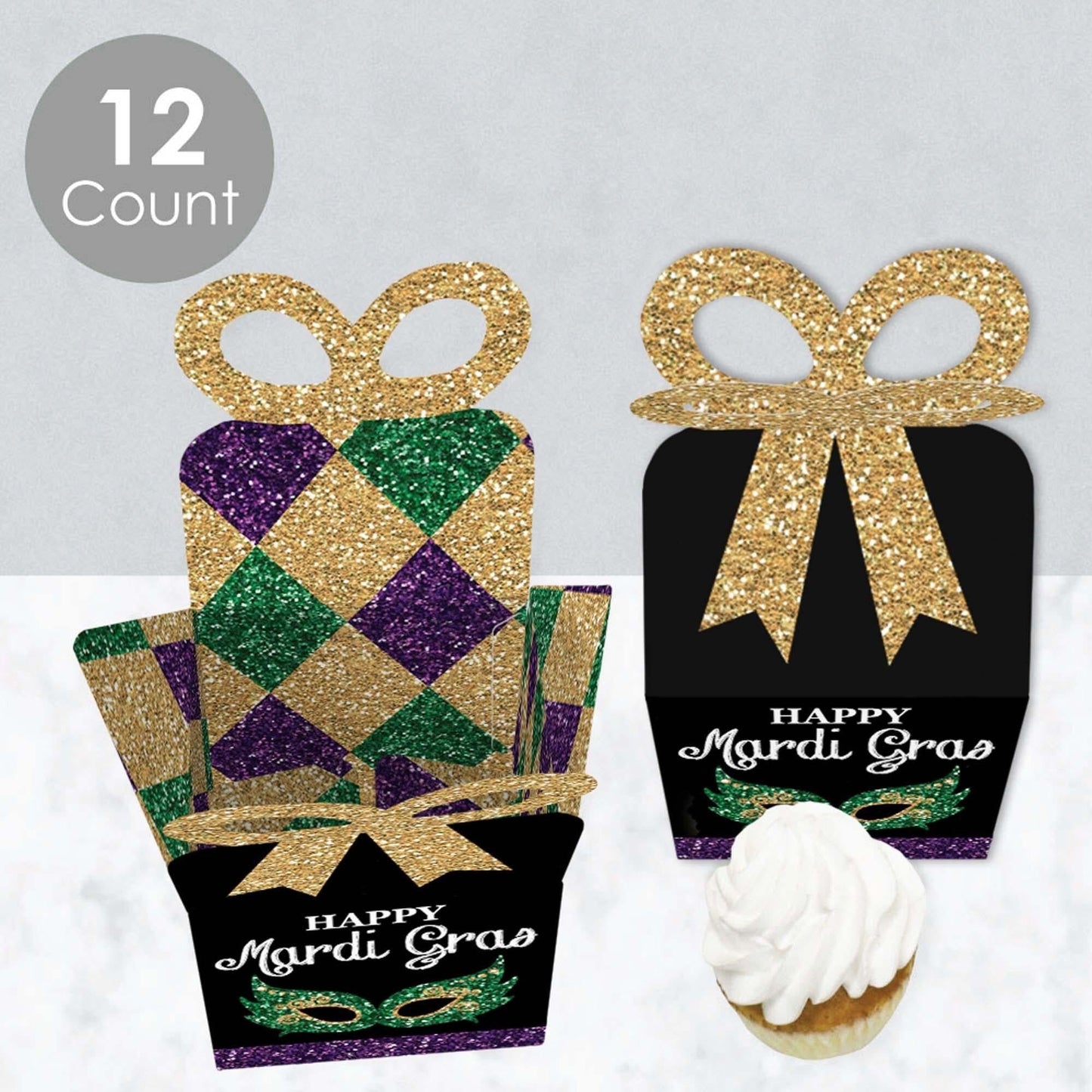 Mardi Gras - Square Favor Gift Boxes - Masquerade Party Bow Boxes - Set of 12