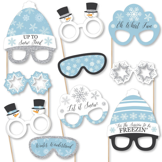 Winter Wonderland Glasses and Headpieces - Paper Card Stock Snowflake Holiday Party and Winter Wedding Photo Booth Props Kit - 10 Count