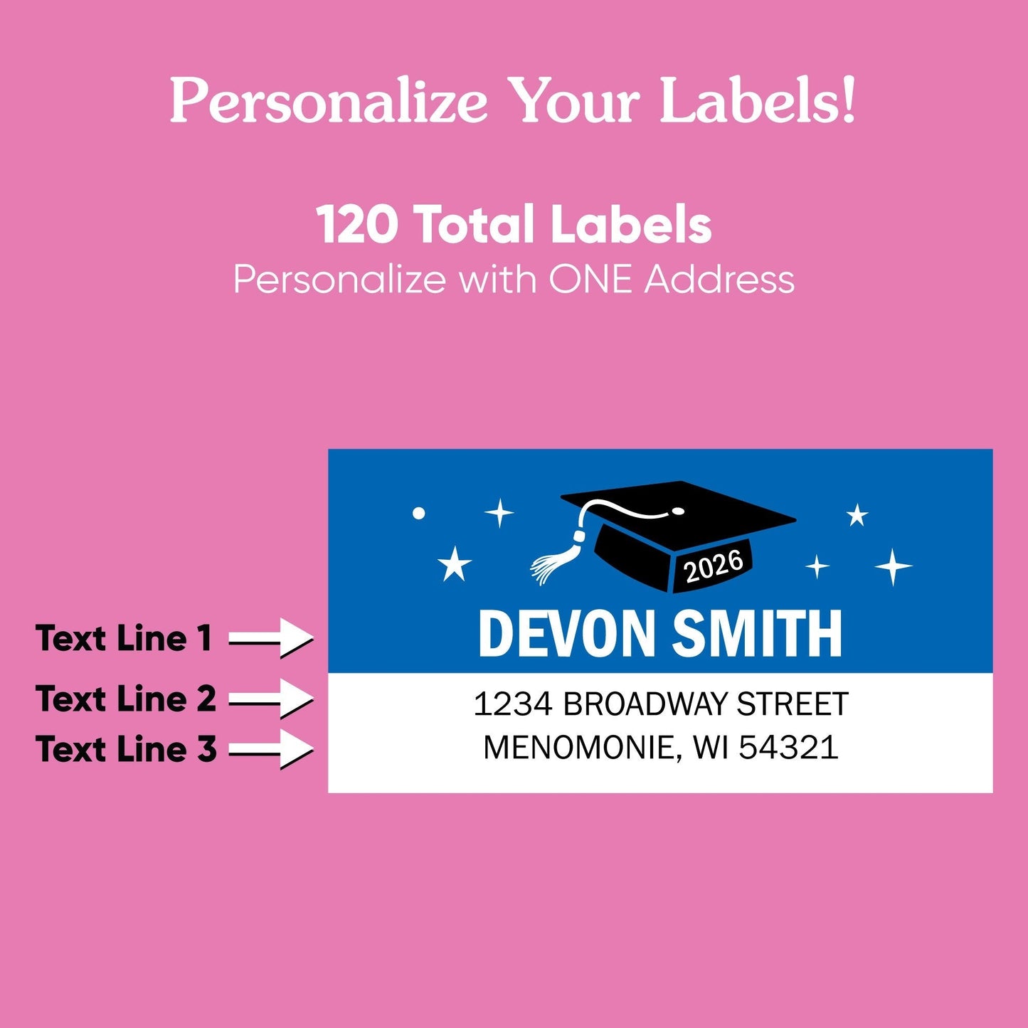 Custom Text Blue Graduation Return Address Labels - 120 Ct