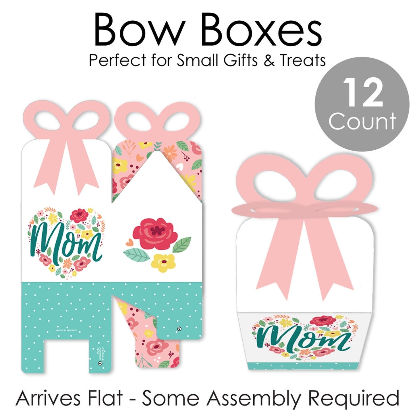 Colorful Floral Happy Mother's Day - Square Favor Gift Boxes - We Love Mom Party Bow Boxes - Set of 12