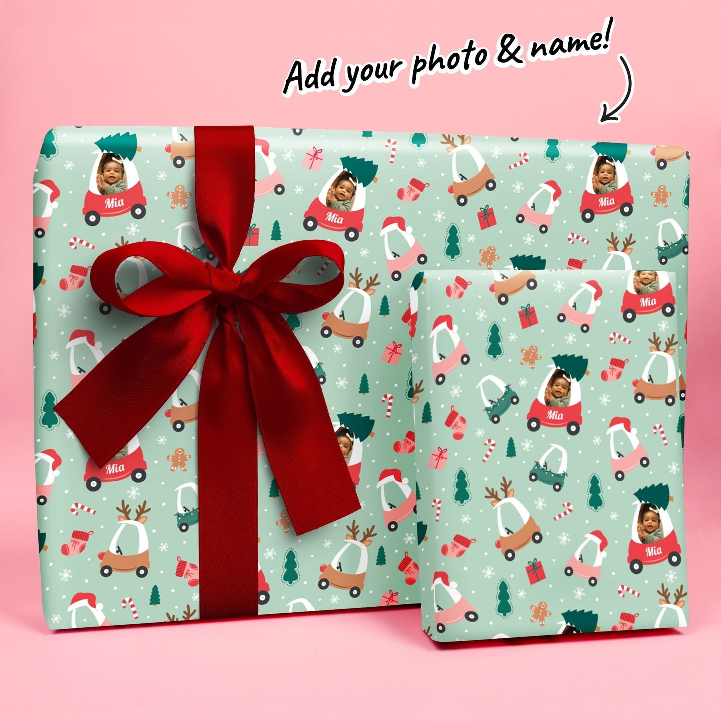 Custom Photo and Text Wrapping Paper - Kids Christmas Tree Car