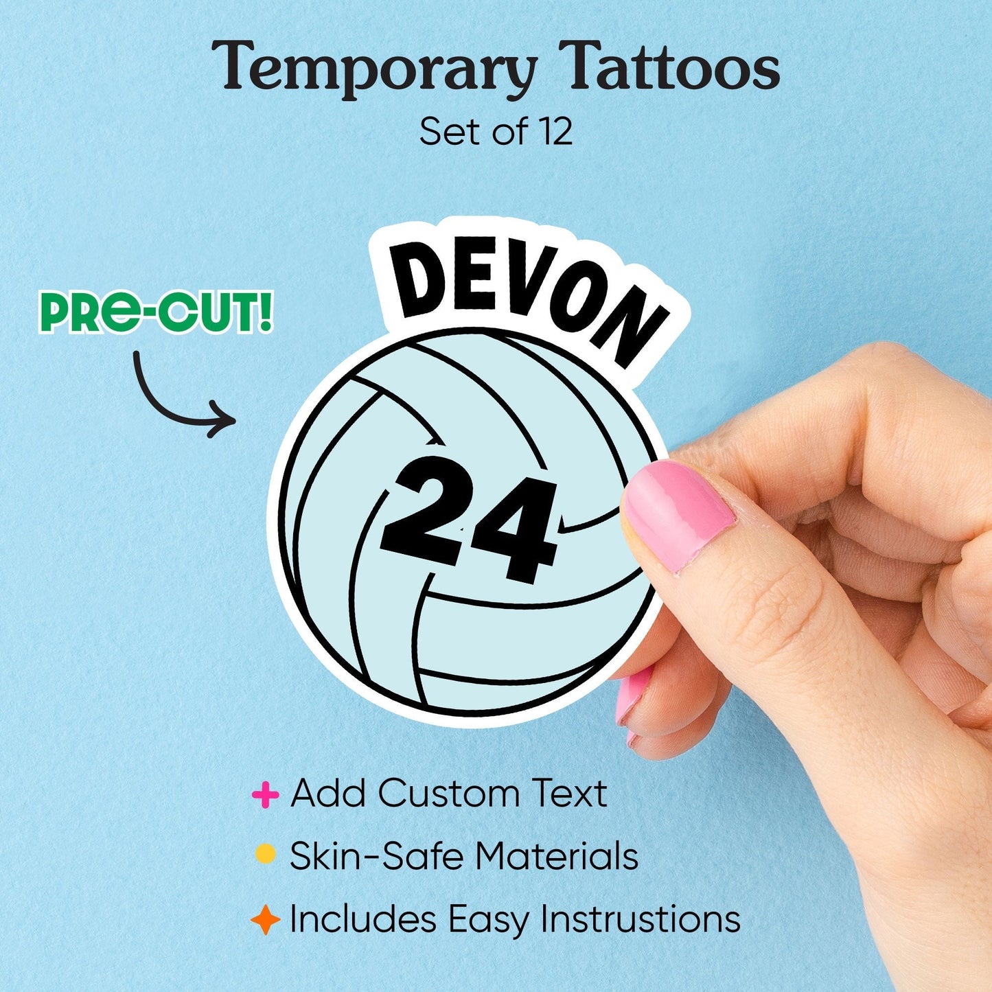 Custom Text Volleyball Temporary Tattoos - 12 Ct