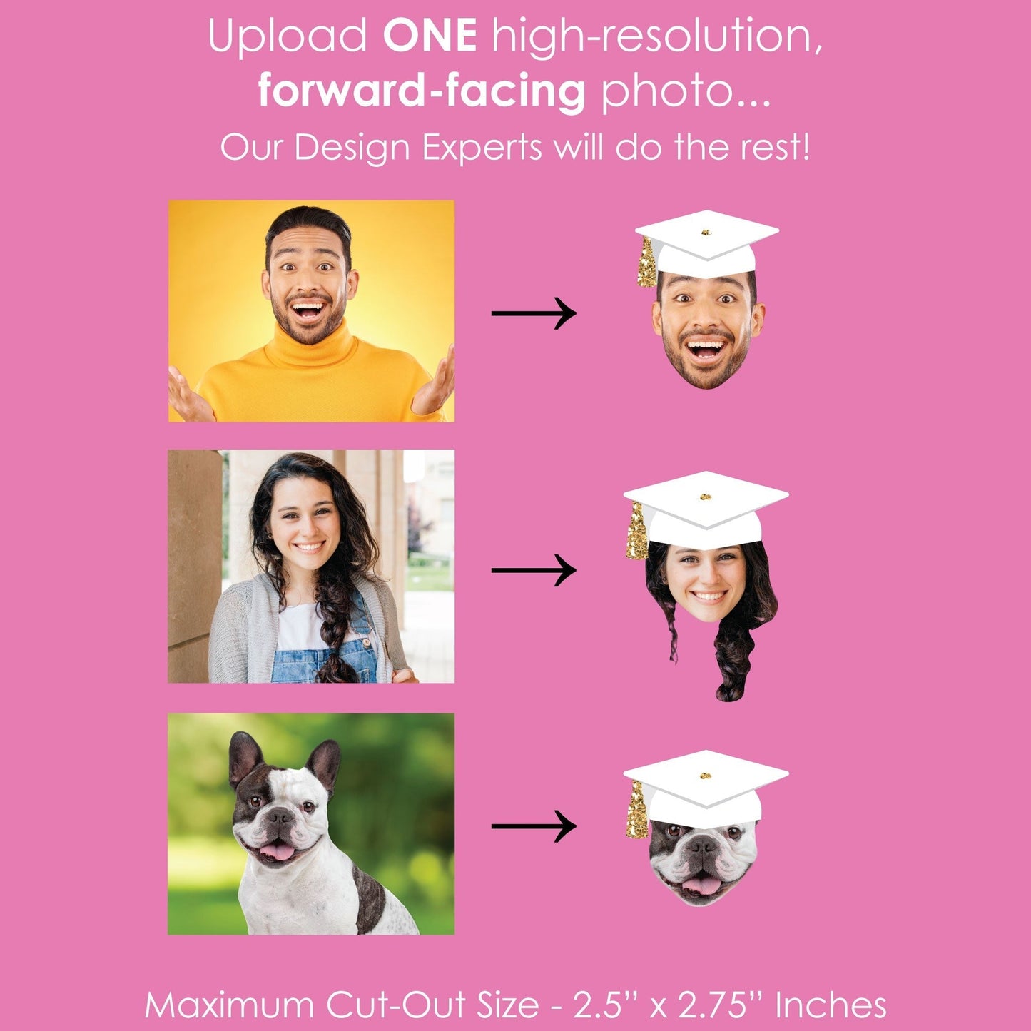 Custom Fun Face White & Gold Grad Cap Treat Picks - 24 Ct