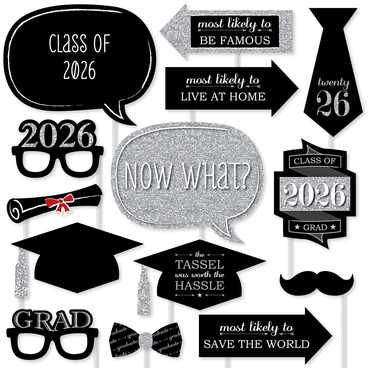 Graduation Party - Silver - 2026 Graduation Party Photo Booth Props Kit - 20 Count