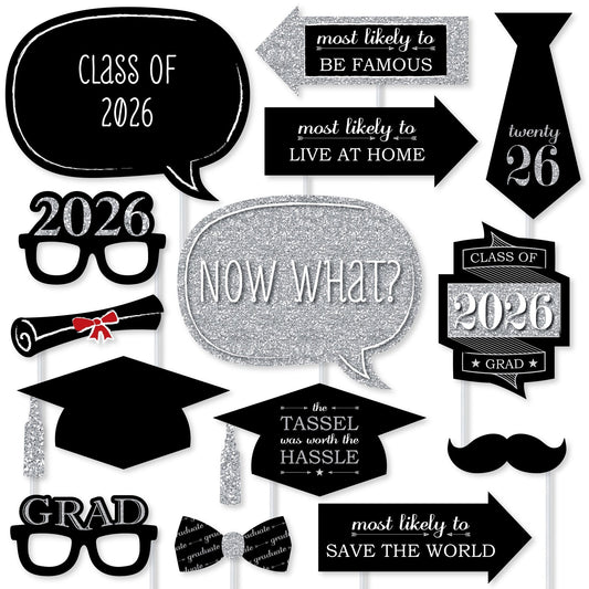 Graduation Party - Silver - 2026 Graduation Party Photo Booth Props Kit - 20 Count