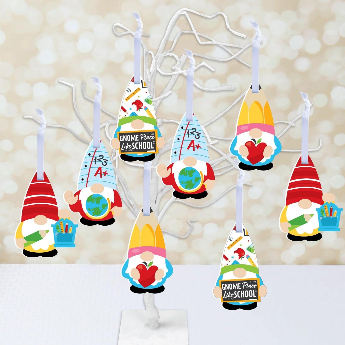 School Gnomes - Teacher and Classroom Decorations - Tree Ornaments - Set of 12