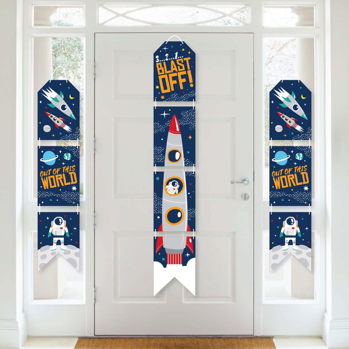 Blast Off to Outer Space - Hanging Vertical Paper Door Banners - Rocket Ship Baby Shower or Birthday Party Wall Decoration Kit - Indoor Door Decor
