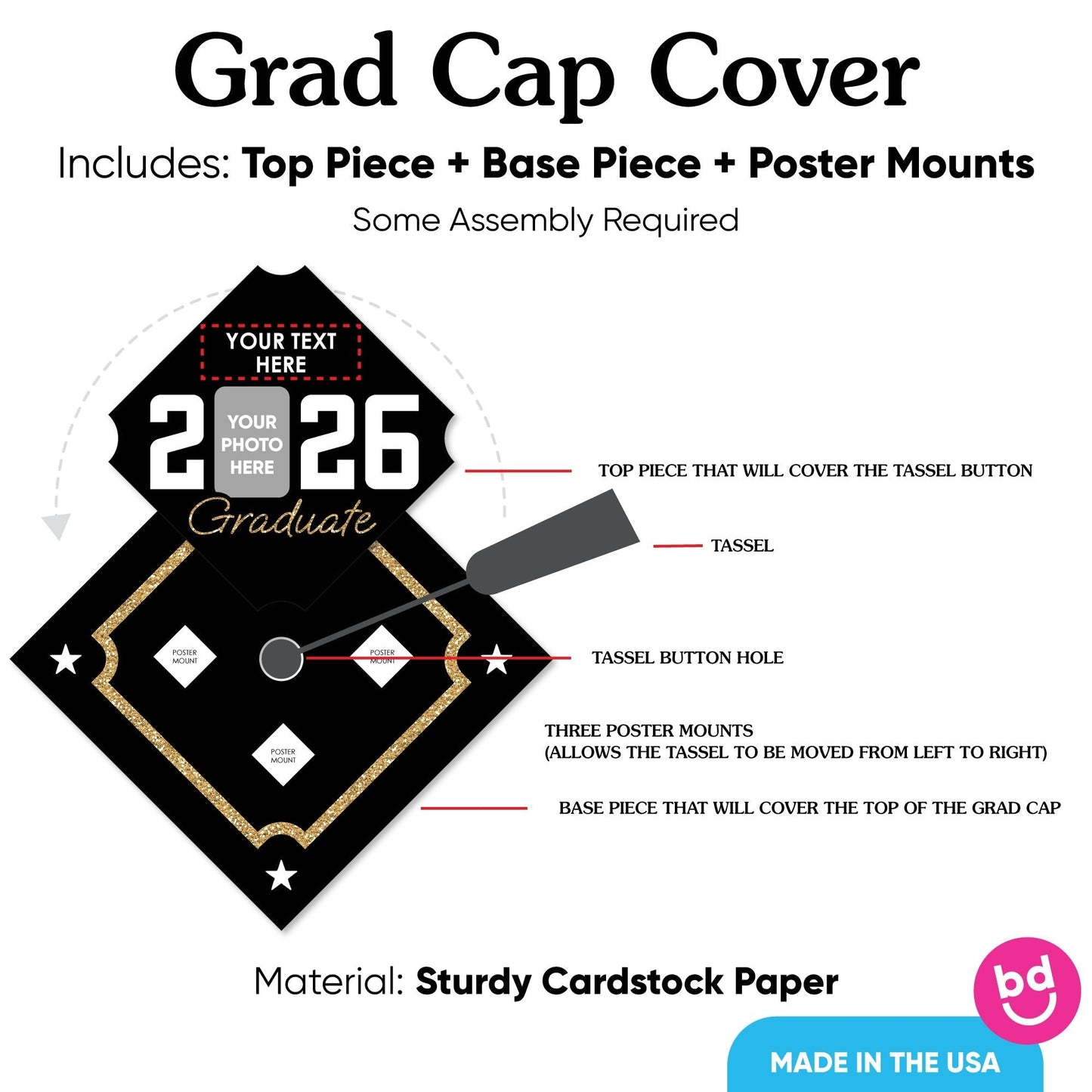Custom Photo Black & Gold Grad Cap Cover