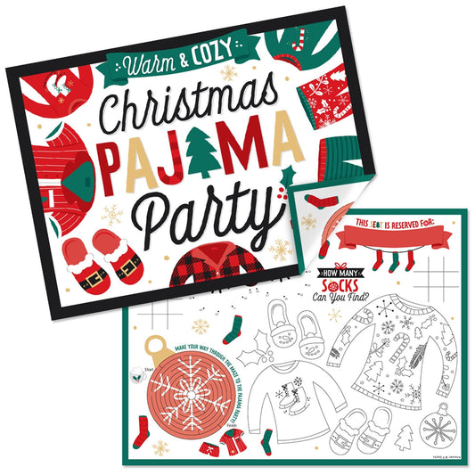 Christmas Pajamas - Paper Holiday Plaid PJ Party Coloring Sheets - Activity Placemats - Set of 16