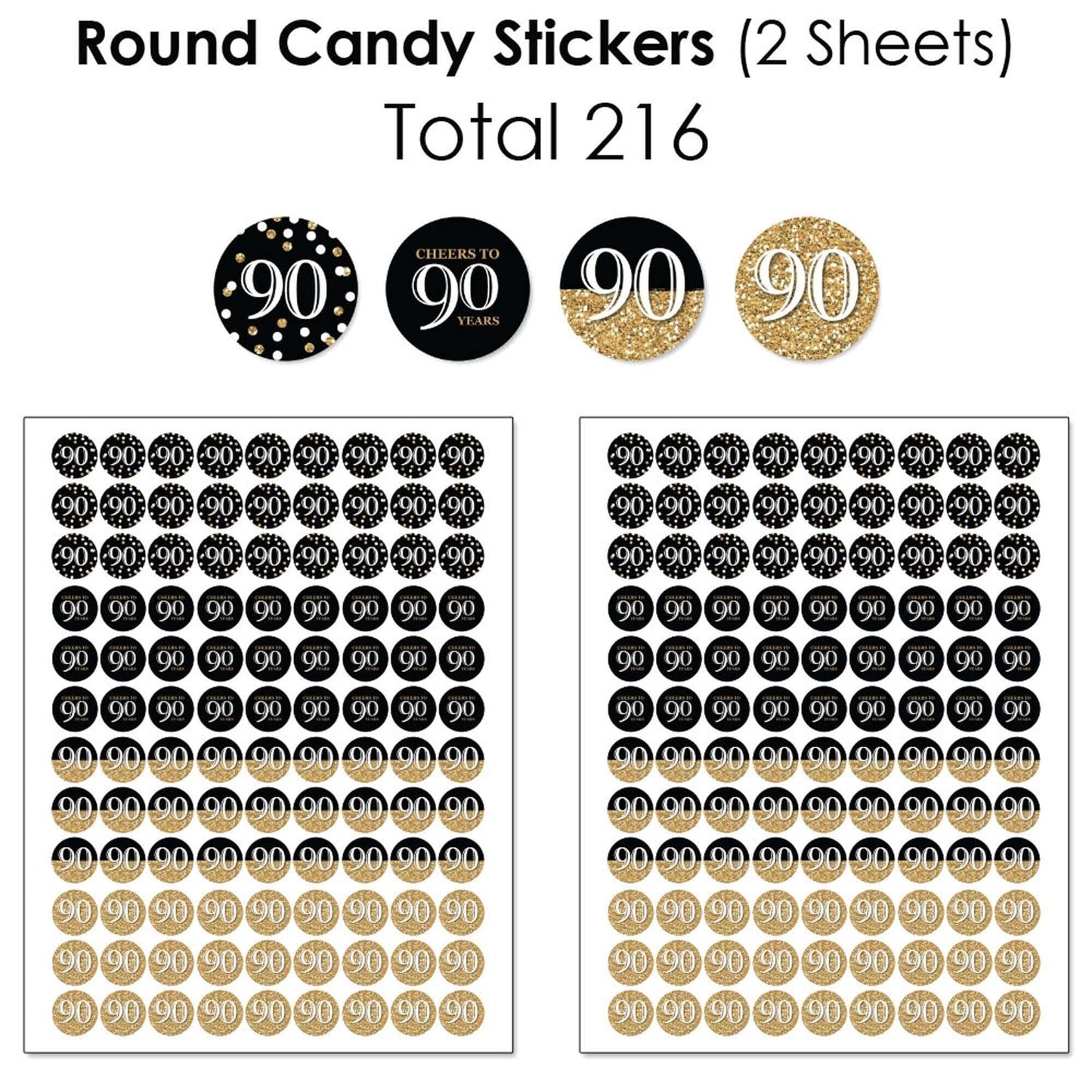 Adult 90th Birthday - Gold - Mini Candy Bar Wrappers, Round Candy Stickers and Circle Stickers - Birthday Party Candy Favor Sticker Kit - 304 Pieces