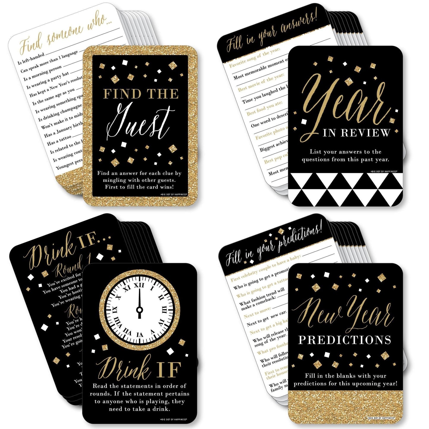 New Year's Eve - Gold - 4 New Years Eve Party Games - 10 Cards Each - Year in Review, Find the Guest, Drink If, New Year Predictions - Gamerific Bundle