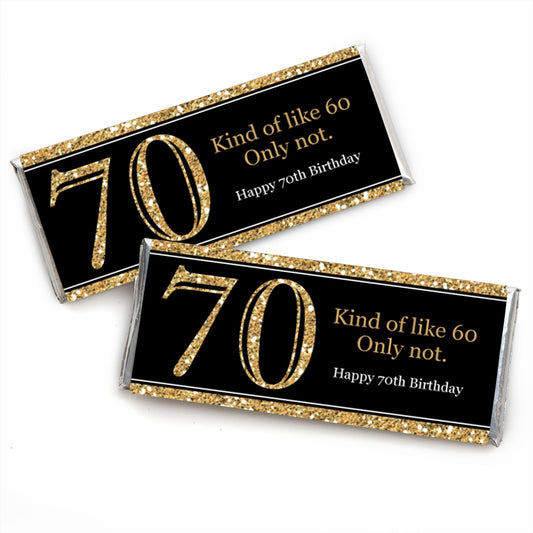 Adult 70th Birthday - Gold - Candy Bar Wrappers Birthday Party Favors - Set of 24