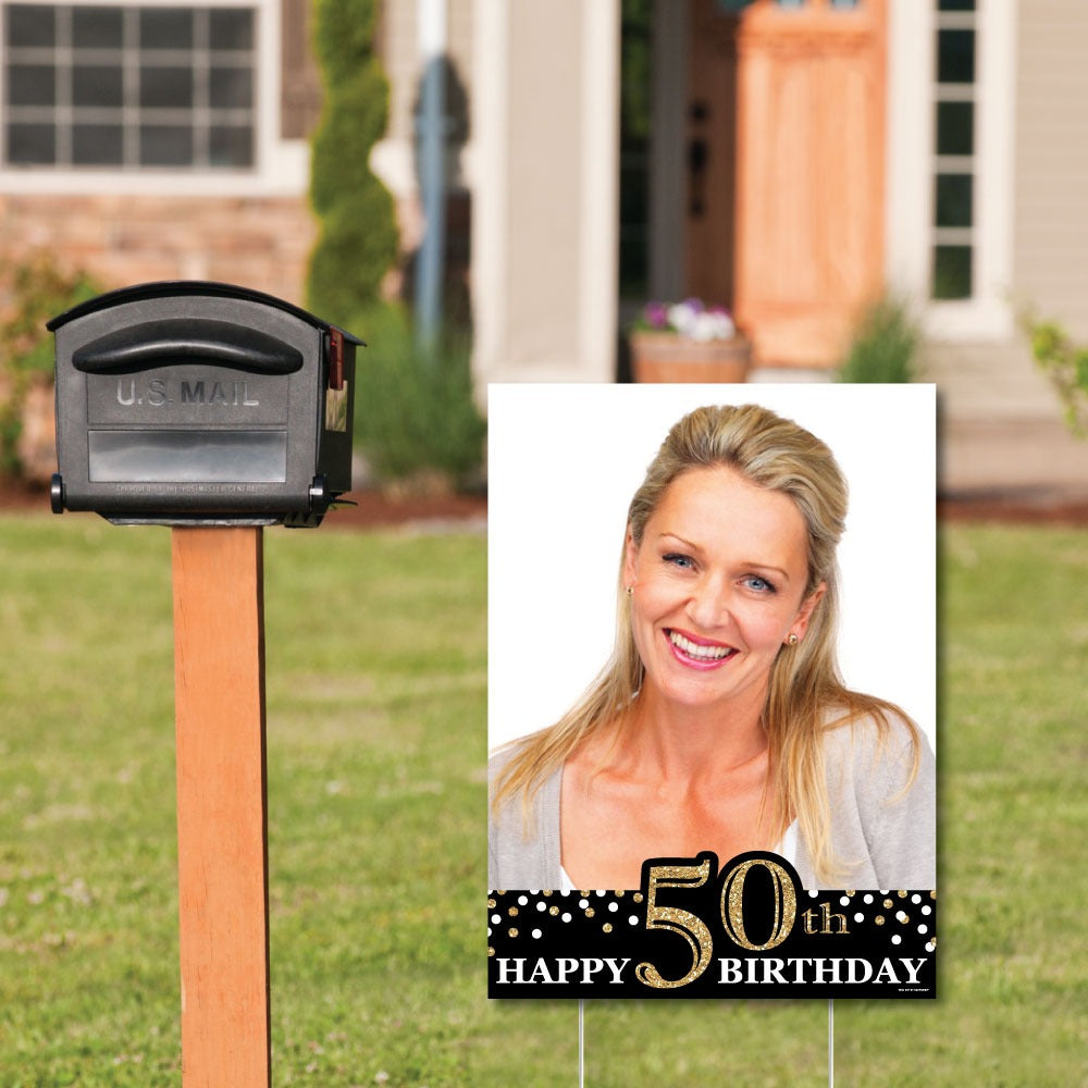 Adult 50th Birthday - Gold - Photo Yard Sign - Birthday Party Decorations