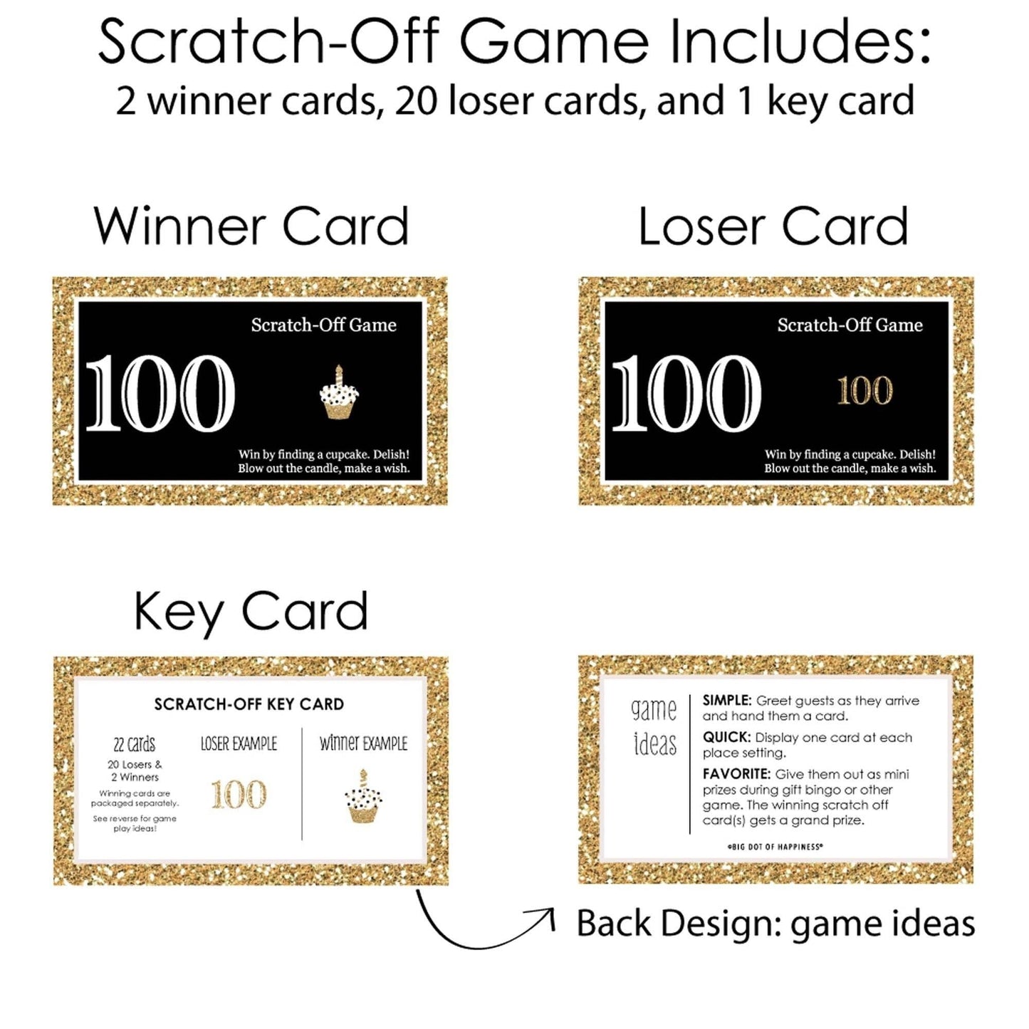 Adult 100th Birthday - Gold - Birthday Party Game Scratch Off Cards - 22 ct