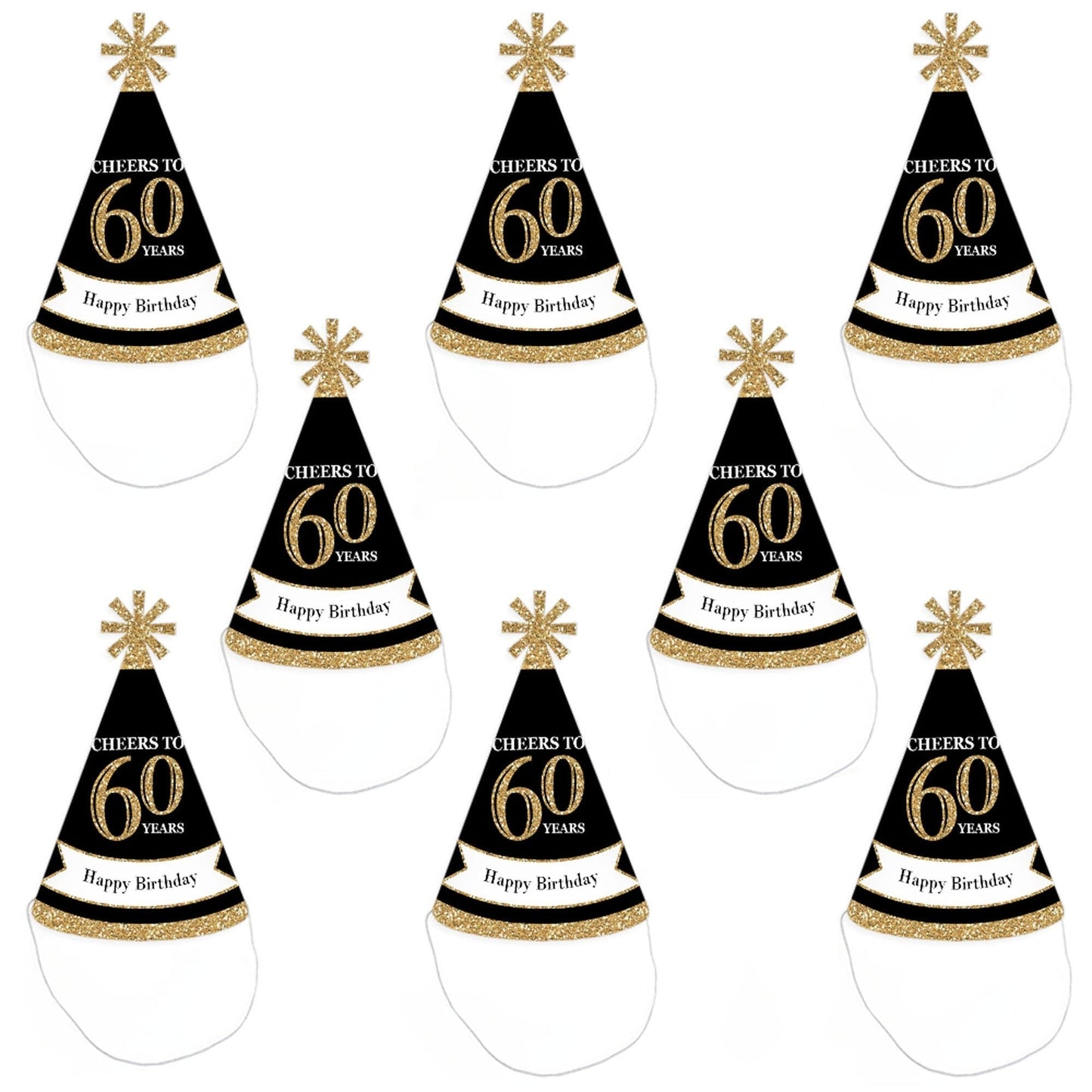 Adult 60th Birthday - Gold - Cone Birthday Party Hats for Adults - Set of 8 (Standard Size)