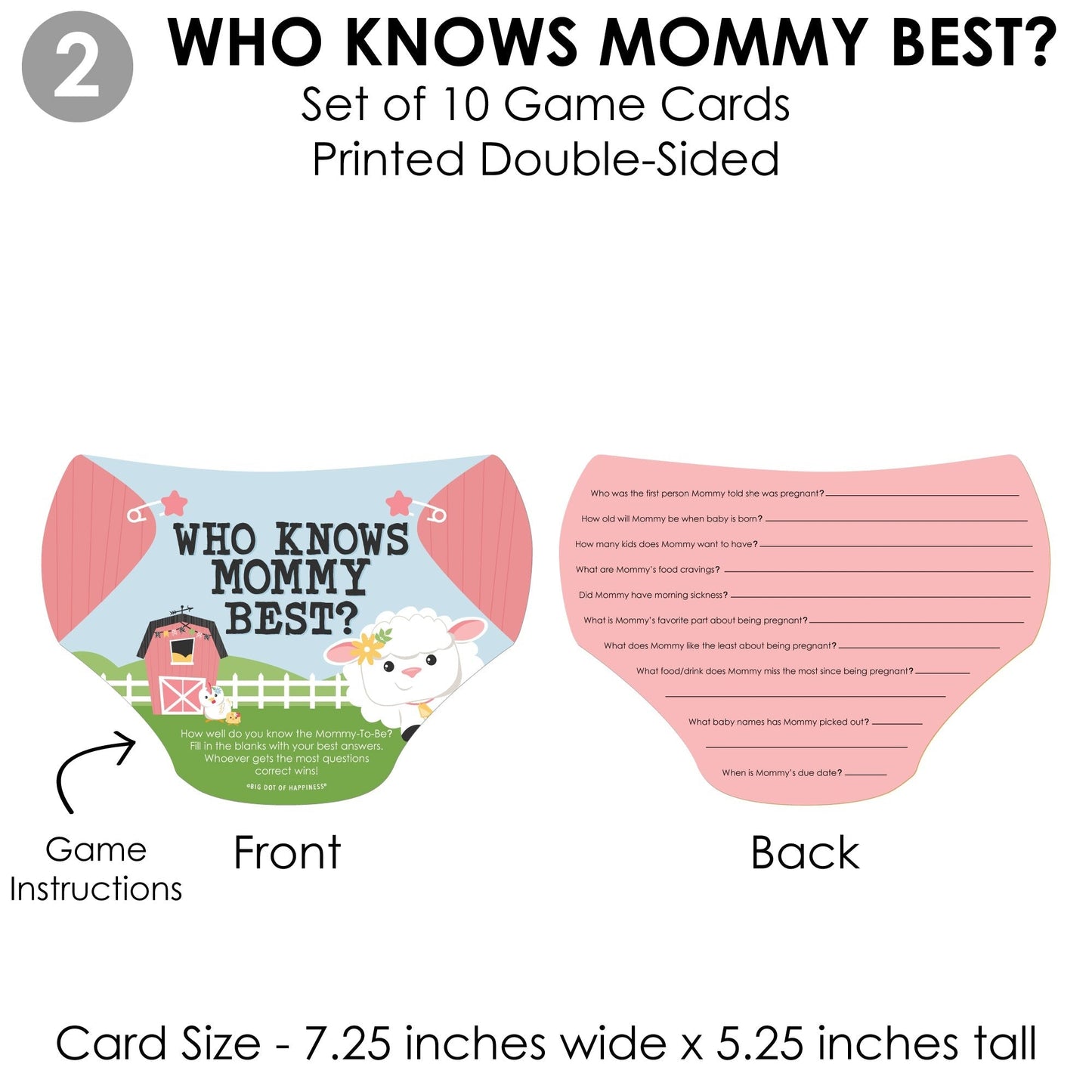 Girl Farm Animals - 4 Pink Barnyard Baby Shower Games - 10 Cards Each - Who Knows Mommy Best, Mommy or Daddy Quiz, What’s in Your Purse and Oh Baby - Gamerific Bundle
