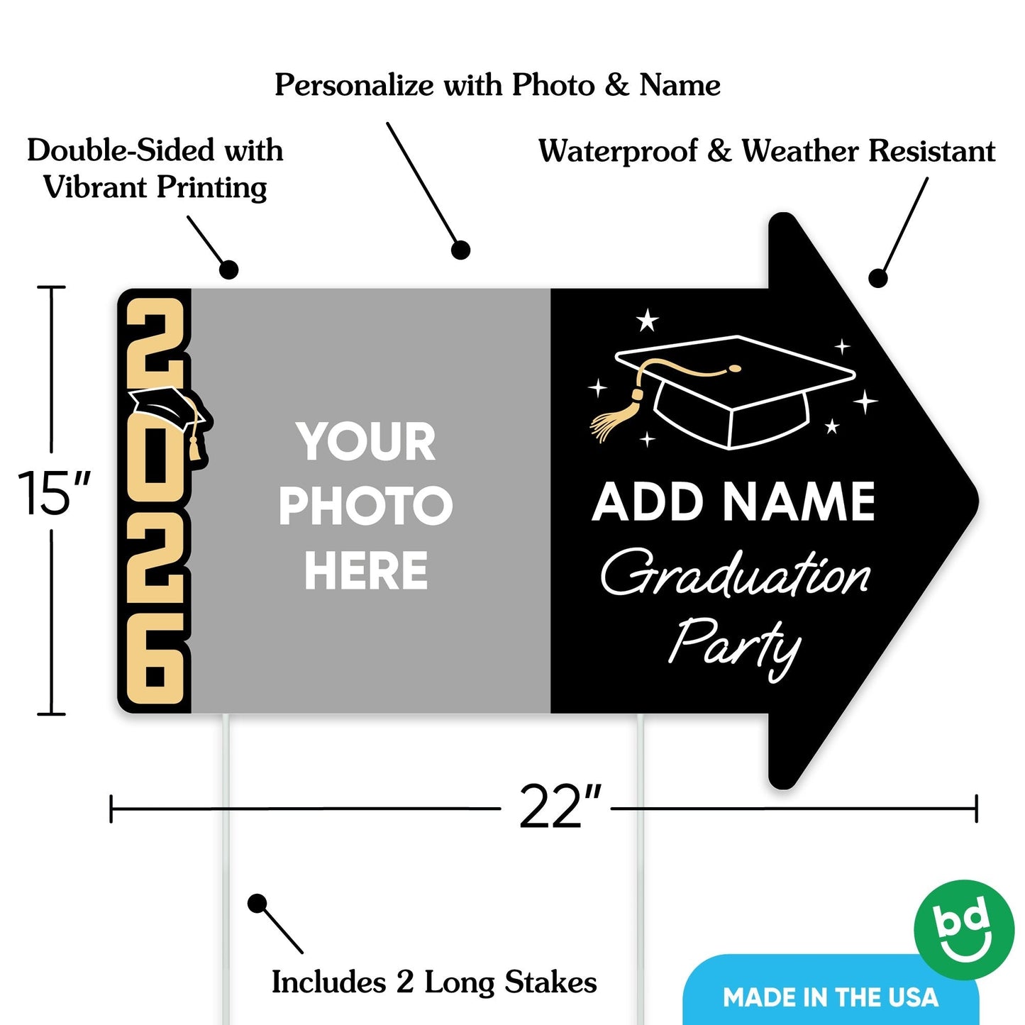 Custom Black & Gold Grad Yard Sign Arrows - 1 Ct