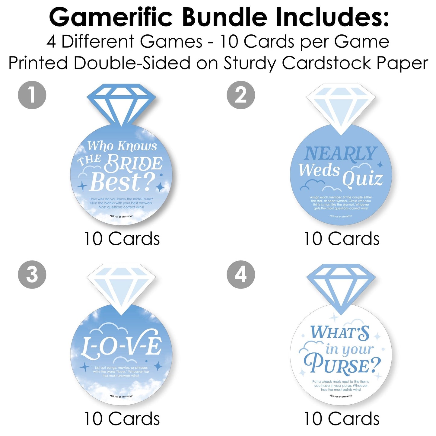 On Cloud 9 - 4 Bridal Shower Games - 10 Cards Each - Who Knows The Bride Best, Bride or Groom Quiz, Whats in Your Purse and Love - Gamerific Bundle