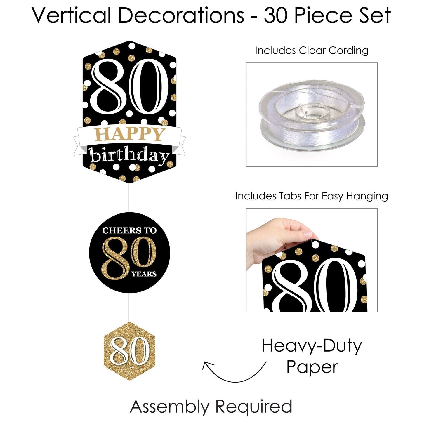 Adult 80th Birthday - Gold - Birthday Party DIY Dangler Backdrop - Hanging Vertical Decorations - 30 Pieces