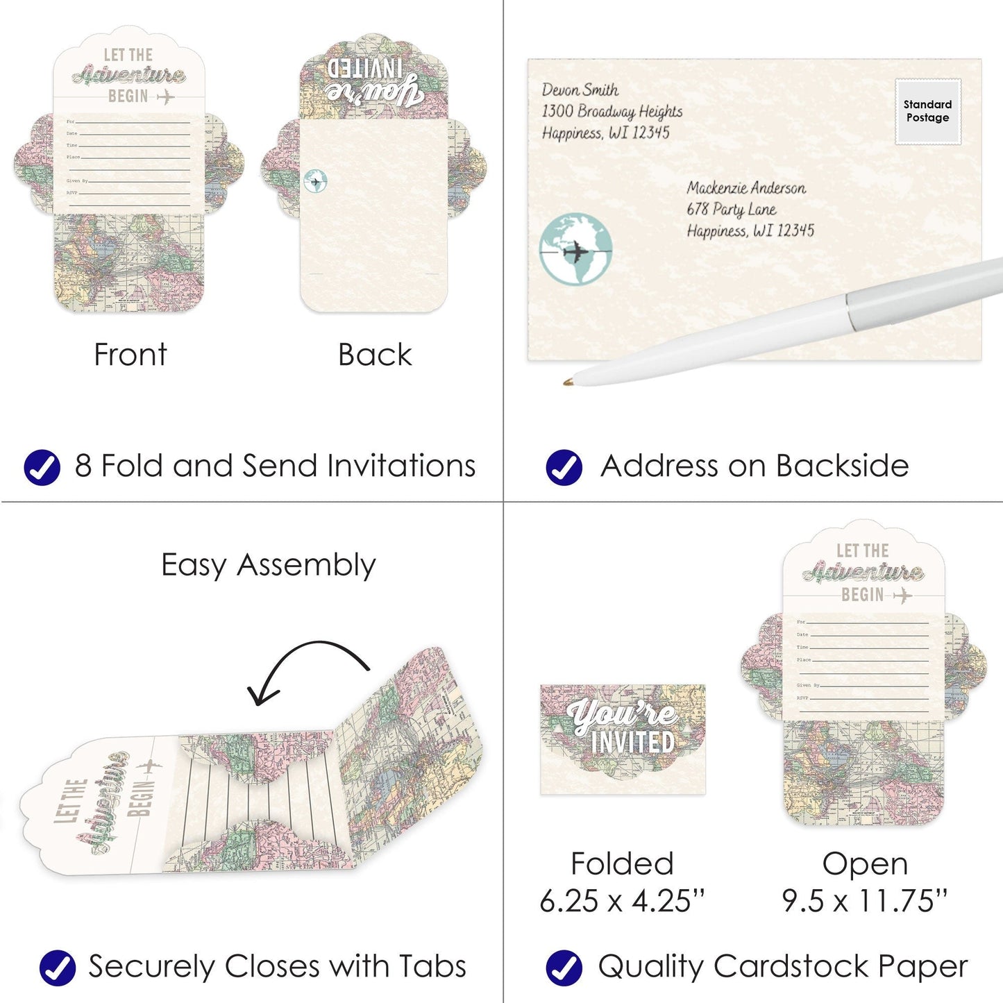 World Awaits - Fill-In Cards - Travel Themed Party Fold and Send Invitations - Set of 8