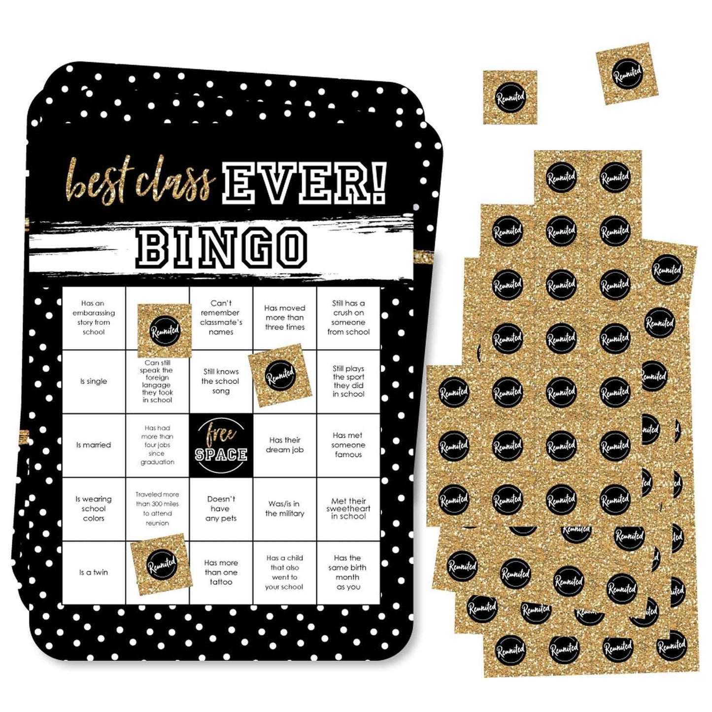 Reunited - Classmate Bingo Cards and Markers - School Class Reunion Party Bingo Game - Set of 18