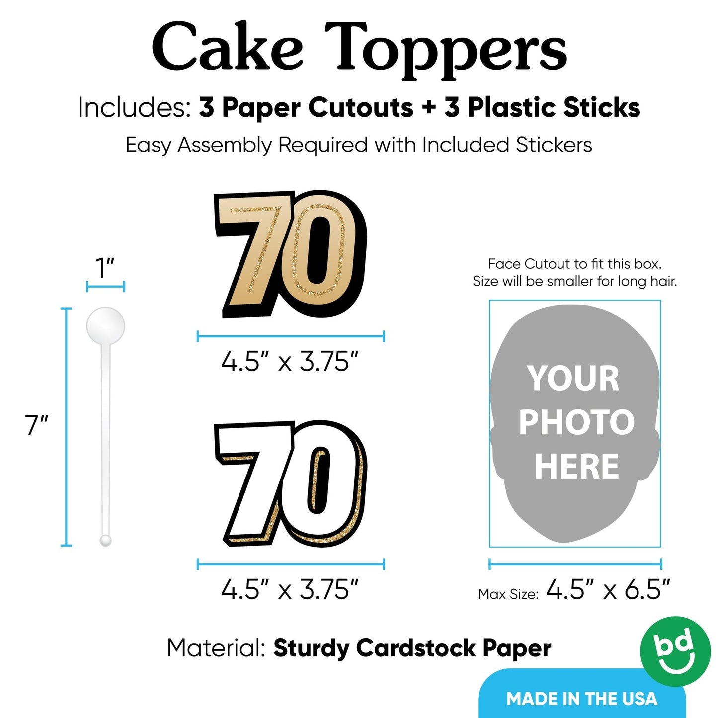 Custom Photo 70th Birthday Cake Topper - 3 Pc