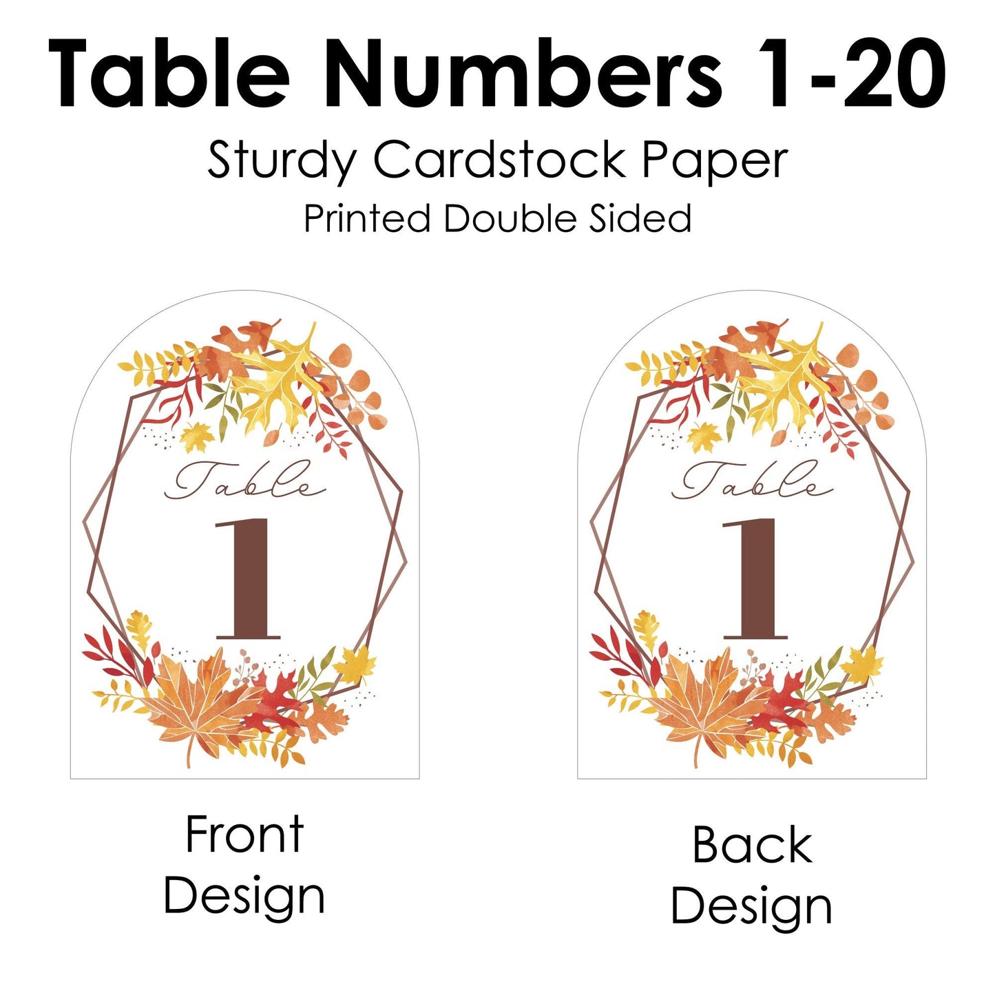Fall Foliage Bride - Autumn Leaves Bridal Shower and Wedding Party Double-Sided 5 x 7 inches Cards - Table Numbers - 1-20