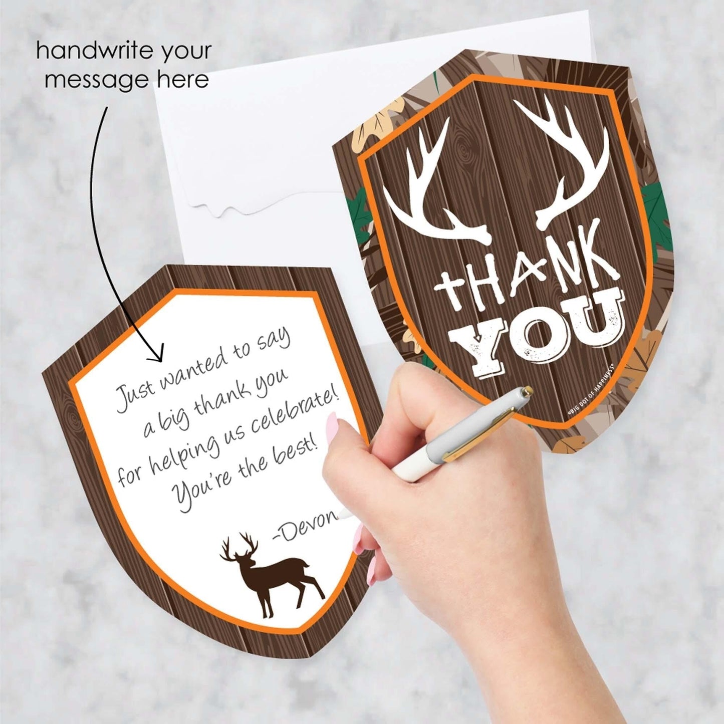 Gone Hunting - Shaped Thank You Cards - Deer Hunting Camo Party Thank You Note Cards with Envelopes - Set of 12