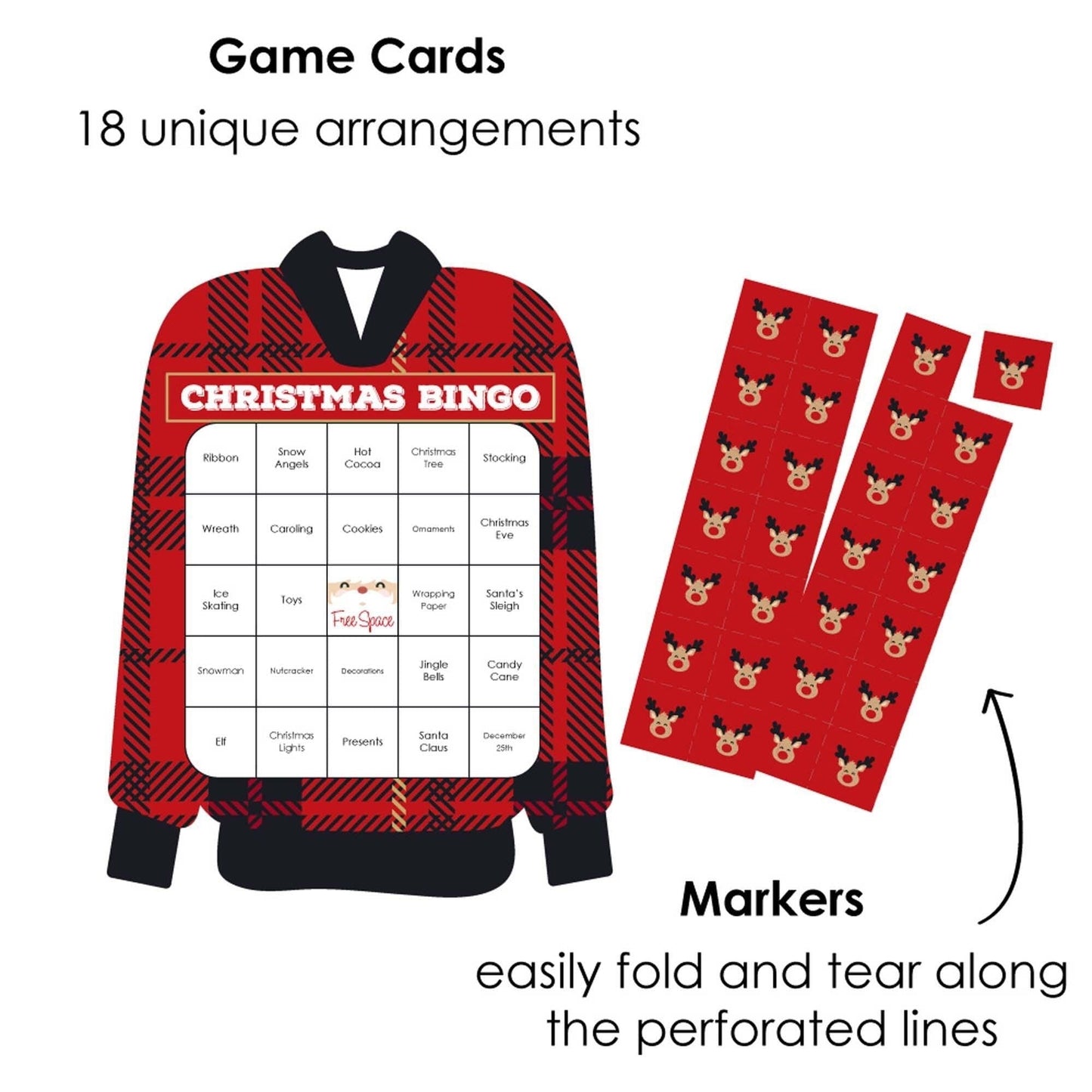 Jolly Santa Claus - Bingo Cards and Markers - Christmas Party Shaped Bingo Game - Set of 18