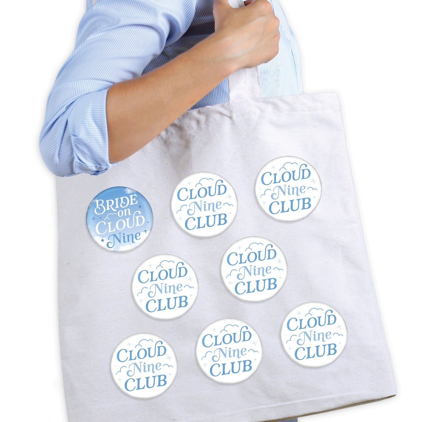 On Cloud 9 - 3 inch Bridal or Bachelorette Party Badge - Pinback Buttons - Set of 8