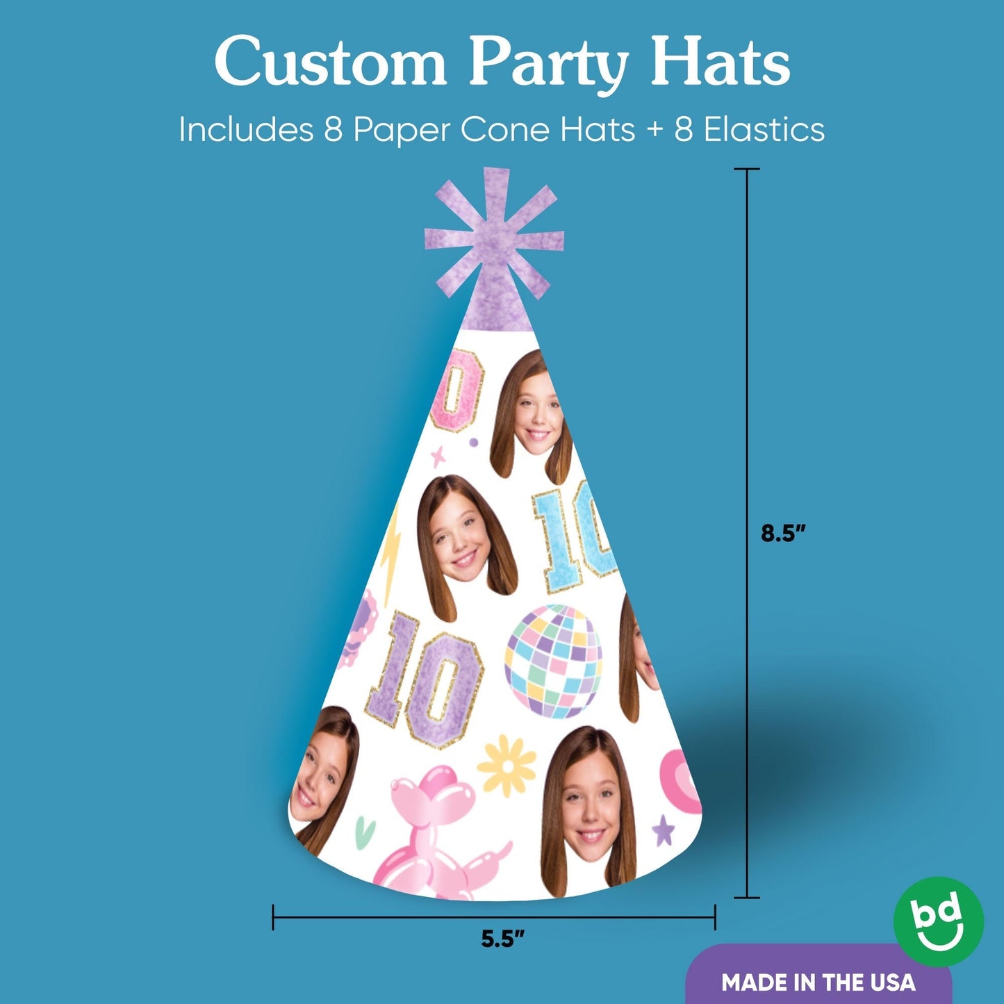 Custom Face Preppy 10th Birthday Girl Cone Hat - 8 Ct